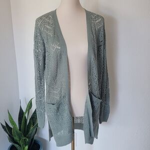 Pink Rose Women's Long Crochet Cardigan Size Large Sage Green
